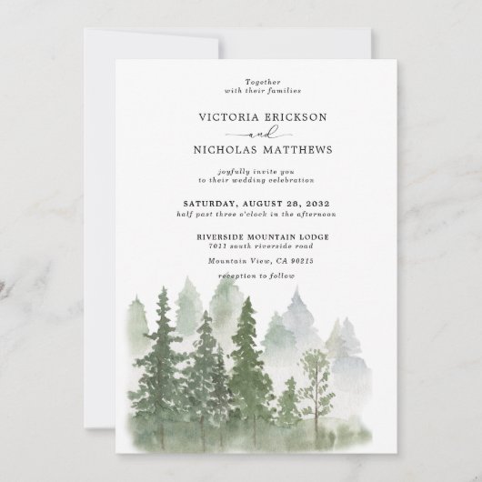 Rustic Mountain Forest Evergreen Tree Wedding Invi Kaart (Voorkant)