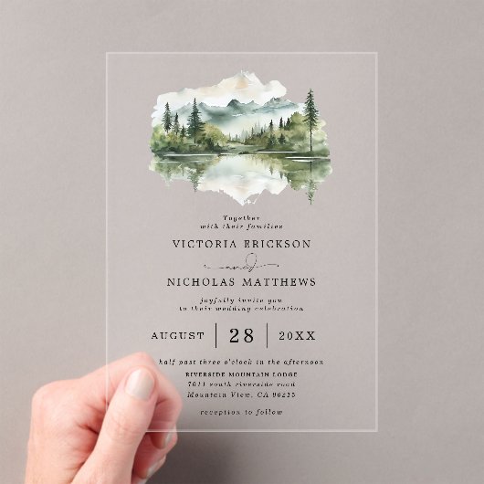 Rustic Mountain Forest Lake Budget QR Code Wedding Acryl Uitnodigingen (Insitu (Draagbaar))