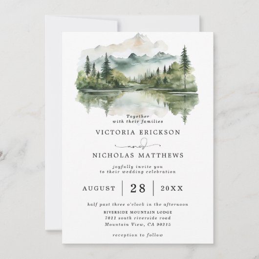Rustic Mountain Forest Lake Budget QR Code Wedding Kaart (Voorkant)