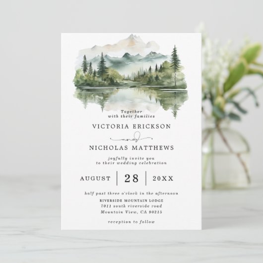 Rustic Mountain Forest Lake Budget QR Code Wedding Kaart (Staand voorkant)