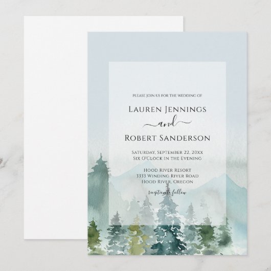 Rustic Mountain Forest Pine Tree Wedding Kaart (Voorkant / Achterkant)