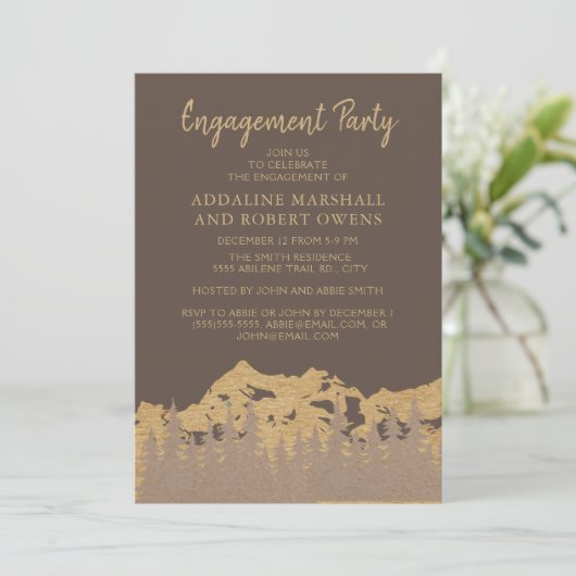 Rustic Mountain Forest Pine Trees Engagement Party Kaart (Staand voorkant)