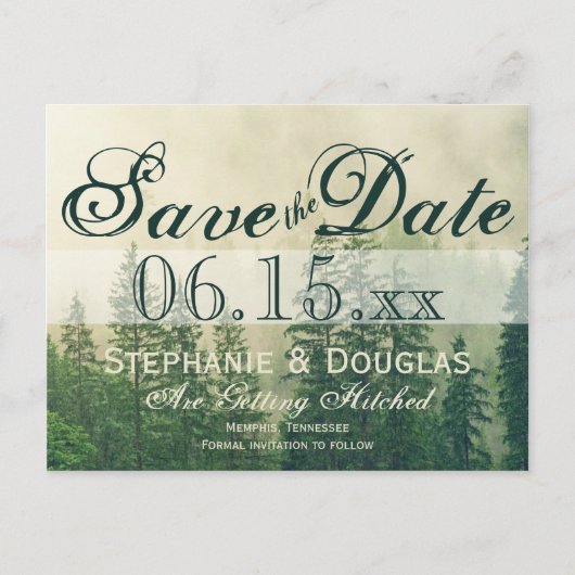 Rustic Mountain Forest Pine Trees Save the Date Aankondigingskaart (Voorkant)