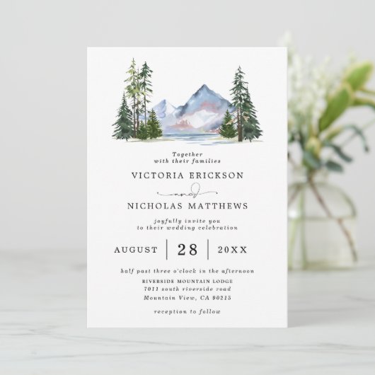 Rustic Mountain Forest Tree Budget QR Code Wedding Kaart (Staand voorkant)