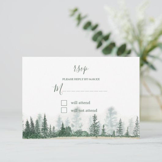 Rustic Mountain Forest Waterverf Wedding RSVP Kaartje (Staand voorkant)