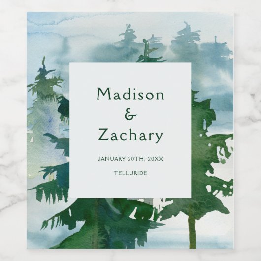 Rustic Mountain Forest Waterverf Wedding Wijn Etiket (Enkel label)