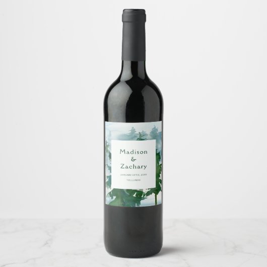 Rustic Mountain Forest Waterverf Wedding Wijn Etiket (Voorkant)