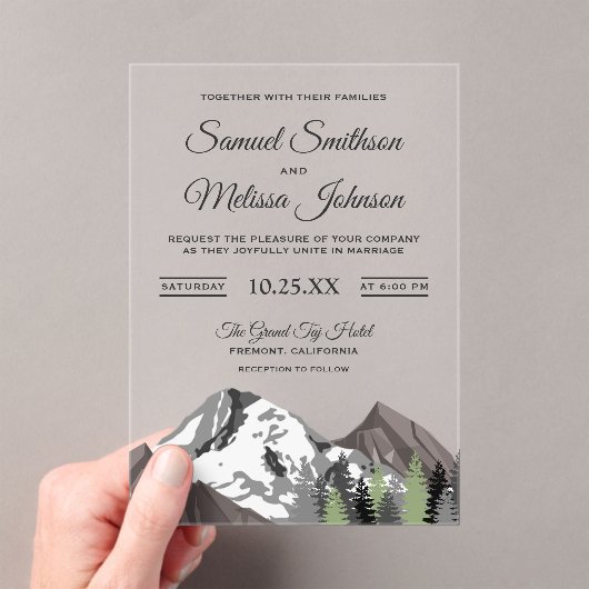Rustic Mountain Forest Wedding Acryl Uitnodigingen (Insitu (Draagbaar))