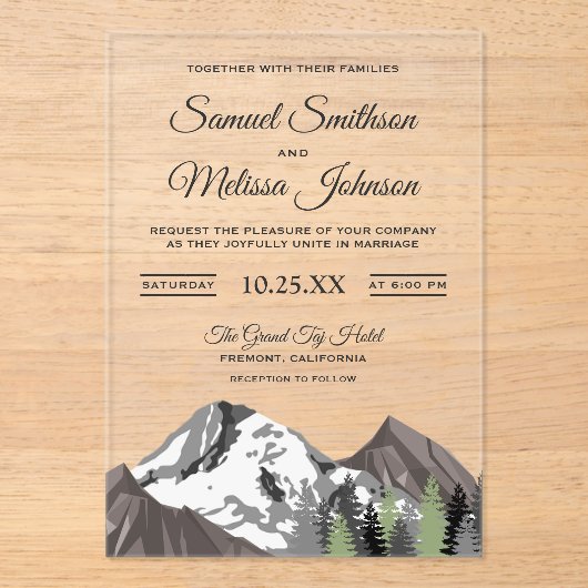 Rustic Mountain Forest Wedding Acryl Uitnodigingen (Voorkant)