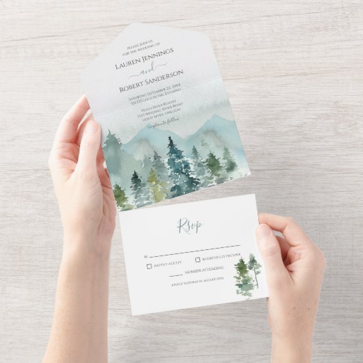Rustic Mountain Forest Wedding All In One Uitnodiging (Afscheurbaar)