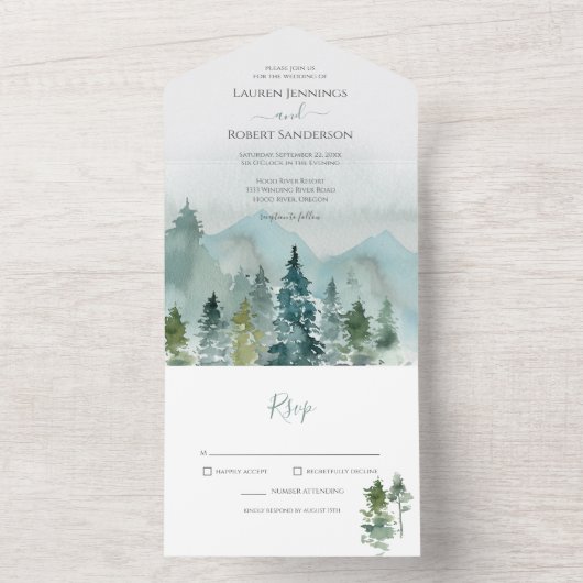 Rustic Mountain Forest Wedding All In One Uitnodiging (Binnen)