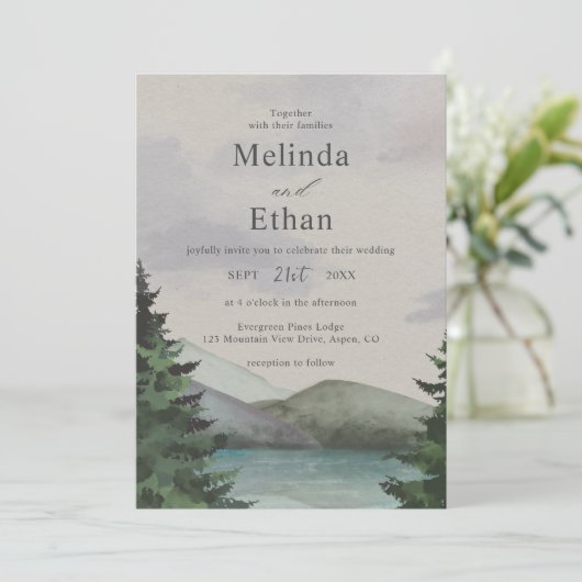 Rustic Mountain & Lake Evergreen Wedding Kaart (Staand voorkant)