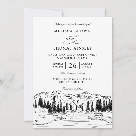 Rustic Mountain Lake Forest Budget QR Code Wedding Kaart (Voorkant)