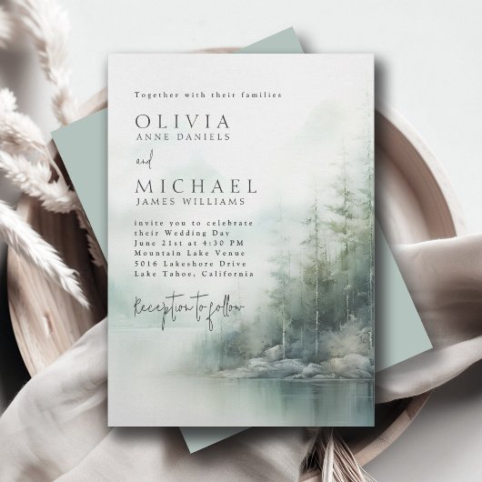 Rustic Mountain Lake Misty Pines Modern Wedding Kaart