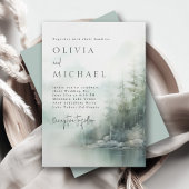 Rustic Mountain Lake Misty Pines Modern Wedding Kaart