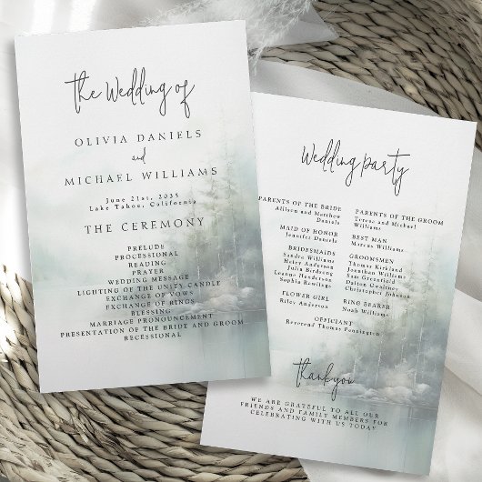 Rustic Mountain Lake Misty Pines Wedding Program Flyer