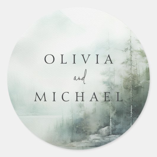 Rustic Mountain Lake Misty Pines Wedding Ronde Sticker (Voorkant)