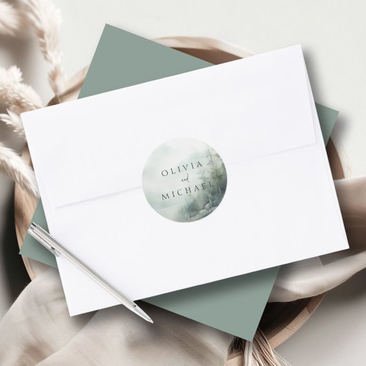 Rustic Mountain Lake Misty Pines Wedding Ronde Sticker
