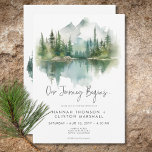 Rustic Mountain Lake Scene Waterverf bruiloft Kaart<br><div class="desc">Ontsnap naar een serene berg retraite met uw huwelijksuitnodiging. Dit prachtige ontwerp toont een adembenemend waterverf schilderij van een majestueuze berg, de hellingen gedrapeerd in weelderige pijnbomen, die hun schoonheid weerspiegelen in het kristalheldere water hieronder. De gedempte natuurlijke tonen van tan, greens, blauwgroen blues en grijstinten creëer hebben een tijdloze...</div>