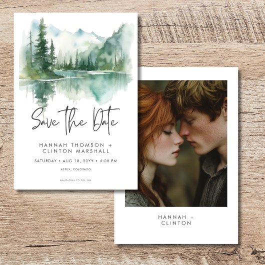 Rustic Mountain Lake Scene Waterverf Foto Save The Date