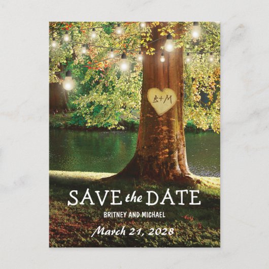 Rustic Mountain Lake Twinkle Lights Aankondigingskaart (Voorkant)