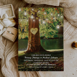 Rustic Mountain Lake Twinkle Lights Wedding Kaart