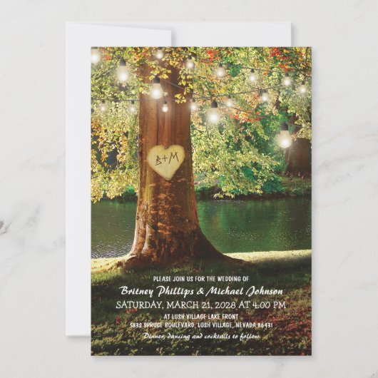 Rustic Mountain Lake Twinkle Lights Wedding Kaart (Voorkant)