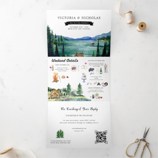 Rustic Mountain Lakeside Wedding Drieluik Uitnodiging (Binnen)
