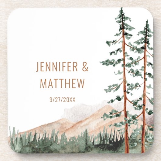 Rustic Mountain Landscape, Fog, Pine Trees Wedding Bier Onderzetter (Voorkant)