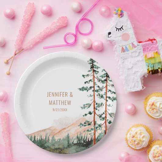 Rustic Mountain Landscape, Fog, Pine Trees Wedding Papieren Bordje (Feest)