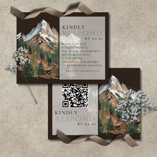 Rustic Mountain Landscape Watercolor Wedding QR RSVP Kaartje