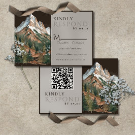 Rustic Mountain Landscape Watercolor Wedding QR RSVP Kaartje