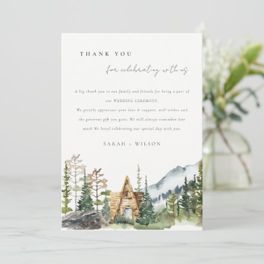 Rustic Mountain Pine Forest Wood Cabin Wedding Bedankkaart (Staand voorkant)