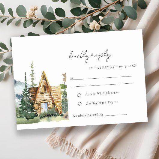 Rustic Mountain Pine Forest Wood Cabin Wedding RSVP Kaartje