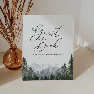Rustic Mountain Pine Tree Wedding Guest Book Sign Reclamebord Met Voetstuk