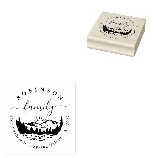 Rustic Mountain Pine Trees familie terug adres Rubberstempel (Gestempeld)