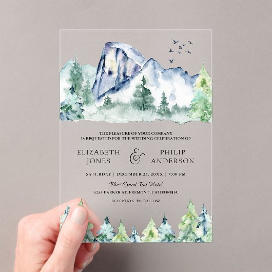 Rustic Mountain Pine Trees Forest Wedding Acryl Uitnodigingen (Insitu (Draagbaar))