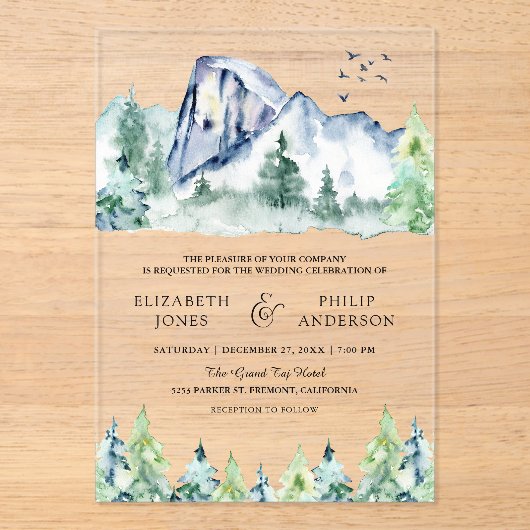 Rustic Mountain Pine Trees Forest Wedding Acryl Uitnodigingen (Voorkant)