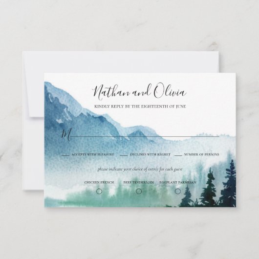 Rustic Mountain Pine Trees Wedding RSVP Kaart (Voorkant)