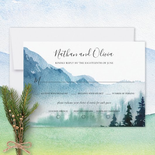 Rustic Mountain Pine Trees Wedding RSVP Kaart