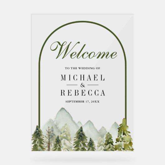 Rustic Mountain Pine Trees Wedding Welcome Acryl Bord (Voorkant)