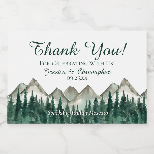 Rustic Mountain & Pine Wedding Thank You Mini Sparkling Wijnetiket (Enkel label)