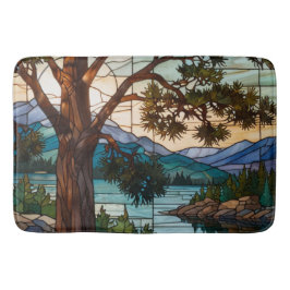 Rustic mountain range landscape stain glass  badmat