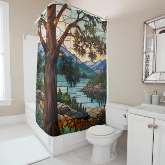 Rustic mountain range landscape stain glass  douchegordijn