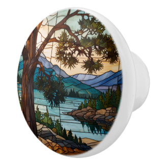 Rustic mountain range landscape stain glass  keramische knop