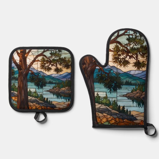 Rustic mountain range landscape stain glass  ovenwant & pannenlap set (Voorkant)