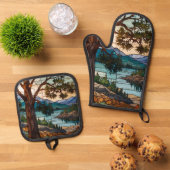 Rustic mountain range landscape stain glass  ovenwant & pannenlap set (Top down)