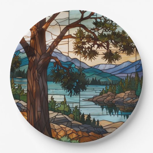 Rustic mountain range landscape stain glass  papieren bordje (Voorkant)