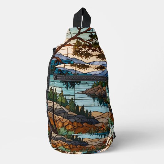Rustic mountain range landscape stain glass  sling bag (Voorkant)