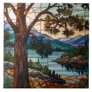 Rustic mountain range landscape stain glass  tegeltje